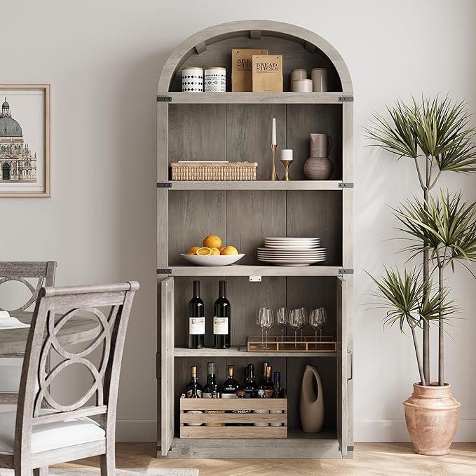 Garveehome Bookcase with Doors Arched Bookshelf 71.65in Tall Bookcase Farmhouse Cabinet with Shelves Wooden Bookshelves for Home Office, Living Room