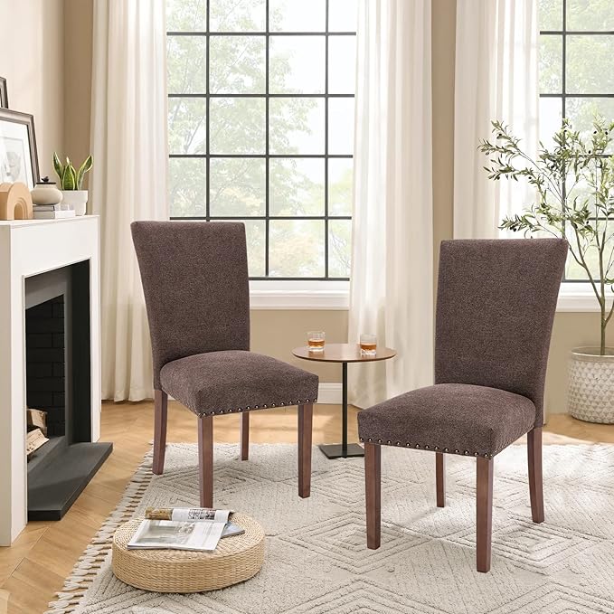 Parsons Dining Chairs Set of 2, Upholstered Nailhead Dining Room Kitchen Side Chair with Thick Cushions and Wood Legs, Brown