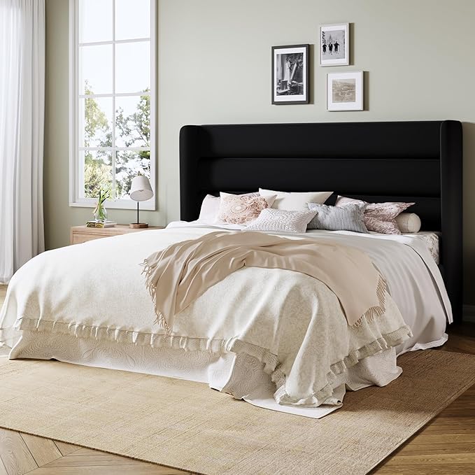 Allewie Queen Size Platform Bed Frame with Velvet Upholstered Wingback Headboard, No Box Spring Needed, Under Bed Storage Space, Strong Wooden Slats, Modern Mattress Foundation, Easy Assembly, Black