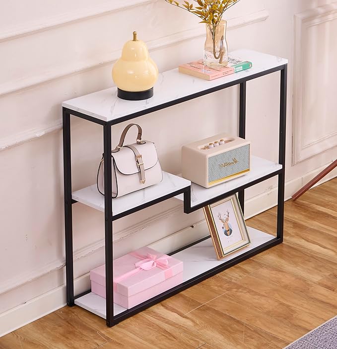 loglus Console Table for Entryway, Faux Marble MDF Sofa Table with Golden Frame (Multilayer, Black Frame)