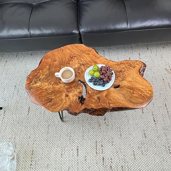 Live Edge Coffee Table, Natural Wood Coffee Table for Living Room, Natural Fir Unique Desktop with Metal Hairpin Legs (Plus Size)