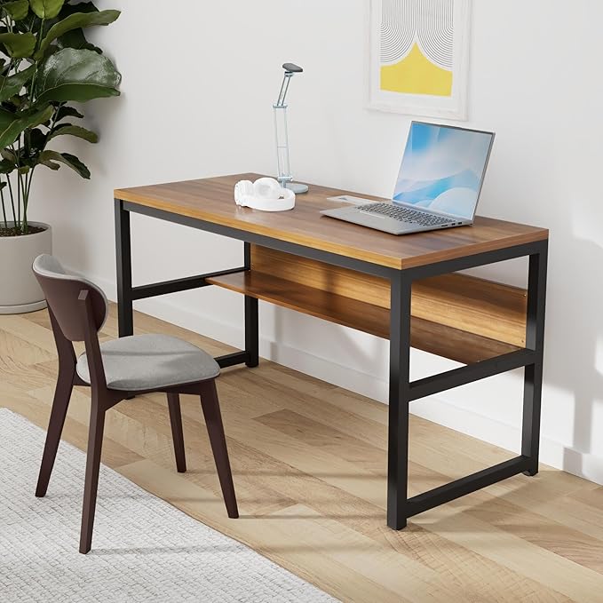 TOPSKY Computer Desk with Bookshelf/Metal Hole Cable Cover 1.18" Thick Desk (55", Oak Brown)
