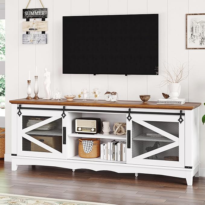 IDEALHOUSE Modern TV Stands for Living Room, 65 Inch TV Stand Entertainment Center with Storage and Sliding Barn Doors, Media TV Console Cabinet with Adjustable Shelf (White)