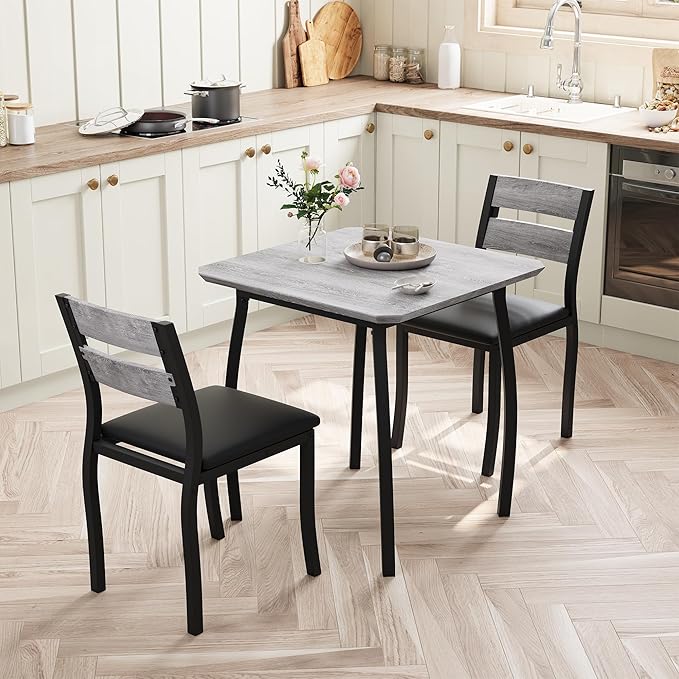 Small Dining Table Set for 2,3-Piece Kitchen Table Set with Thick Wood Grain Tabletop & 2 Upholstered Chairs & Metal Frame, Compact Table Set for Small Spaces, Kitchens & Dining Rooms (Grey)