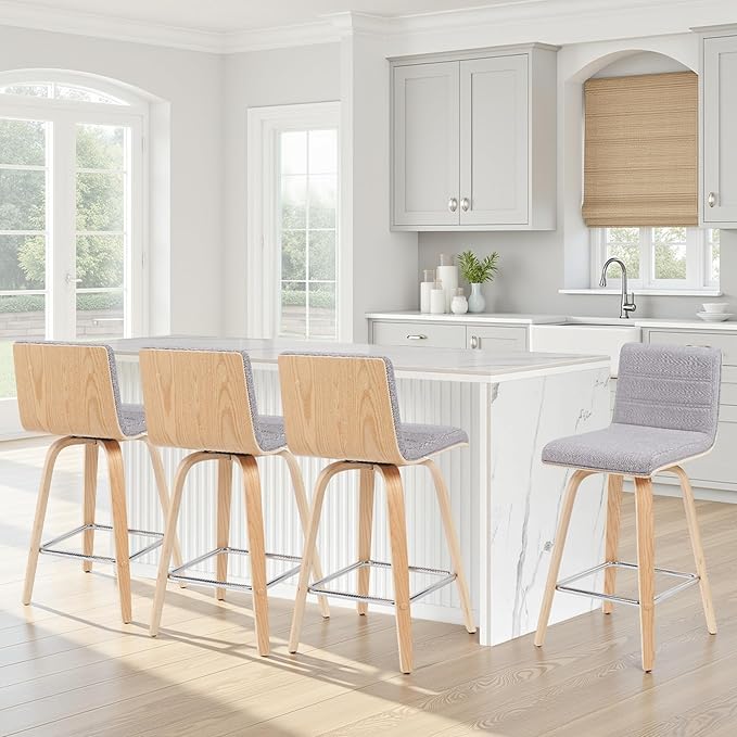 Armen Living Vienna Modern Swivel 26" Counter Height Barstool with Gray Fabric Upholstered Seat and Patterned Oak Wood Finish