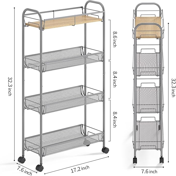 KINGRACK Metal Slim Rolling Cart,4-Tier Metal Utility Cart,Storage Cart with Wooden Tabletop, for Narrow Space on Laundry Bathroom Kitchen Room Bedroom Apartments Dormitory (Light Grey, Slim)