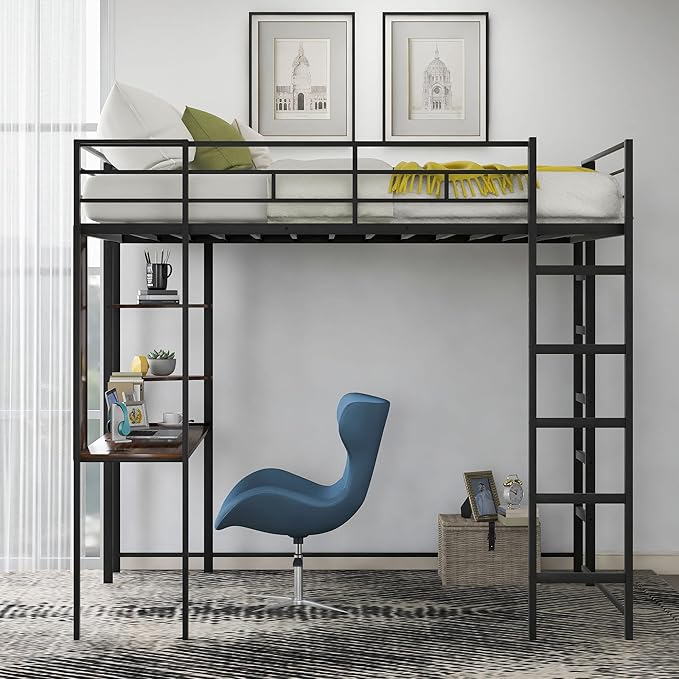 Full Size Metal Loft Bed with 2 Storage Shelves and 1 Desk,Steel Structure Bed Frame W/ 2 Build-in Ladders & Full-Length Guardrails,No Box Spring Needed,for Kids Teens Adults,Black