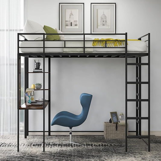 Full Size Metal Loft Bed with 2 Storage Shelves and 1 Desk,Steel Structure Bed Frame W/ 2 Build-in Ladders & Full-Length Guardrails,No Box Spring Needed,for Kids Teens Adults,Black