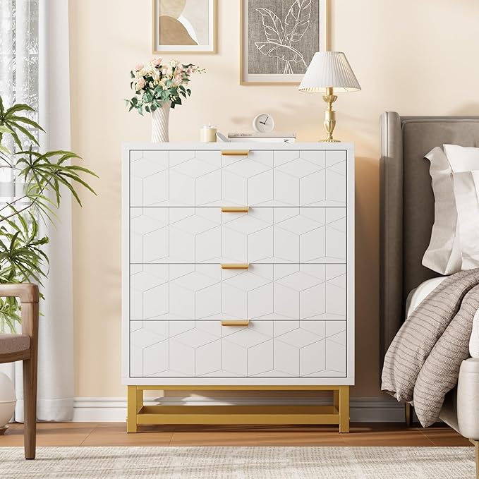 White Dresser, 4 Drawer Dresser for Bedroom, Modern Dressers with Gold Metal Handles for Living Room, Hallway, Entryway