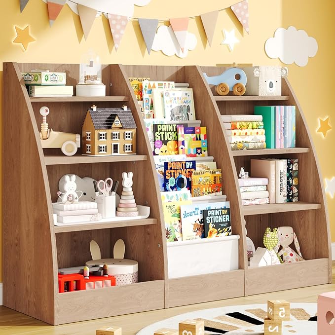 4 Tier Kids Bookshelf, 4 Layer Sling Kids Book Shelf for Kids Rooms, XXL Wood Children Bookcase,Baby Storage Book Rack,Toddler Bookshelf, Book and Toy Organizer,Book Display Shelf Burlywood