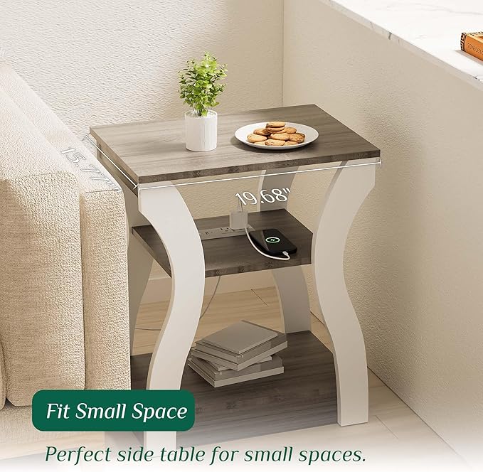 End Tables for Living Room, Side Tables with Charging Station, 3-Tier Night Stand Set of 2, USB Ports & Outlets, Storage Shelf - for Bedroom, Office, Bathroom, White