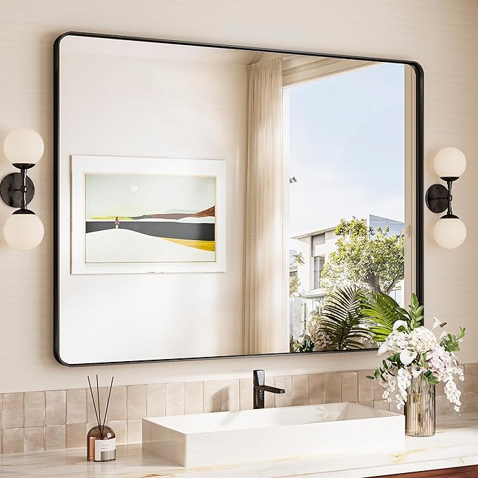 TokeShimi 48x36 Black Bathroom Mirror for Over Sink,Tempered Glass,Rectangle Mirror for Bathroom,Large Bathroom Mirror for Vanity(Horizontal/Vertical)