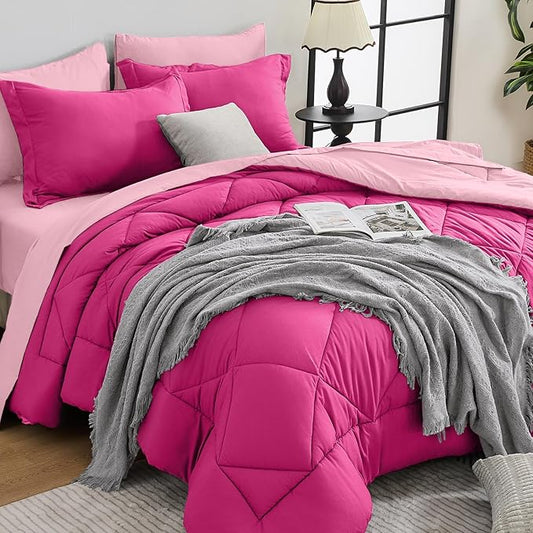 HEVUMYI Hot Pink & Baby Pink Twin Comforter Set - 5-Piece All Season Bed in a Bag Twin, Ultra Soft Bedding Set with Comforter, Flat Sheet, Fitted Sheet, Pillowcases, Pillow Shams