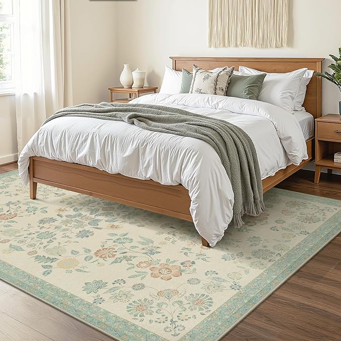 GENIMO 6x9 Area Rugs for Living Room, Machine Washable Non Slip Vintage Rugs, Low Pile Lightweight Chenille Print Rug for Bedroom, Dining Room, Home Office, Beige/Green