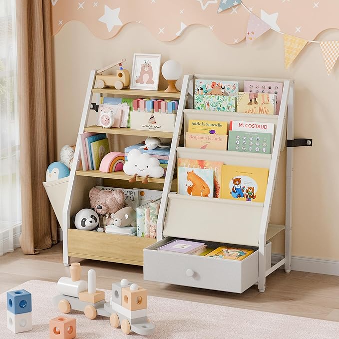 Kids Bookshelf and Toy Storage - Book Shelf for Kids Rooms, Toddler Bookshelf Baby Bookcase for Nursery, Montessori Toy Organizer, Burlywood