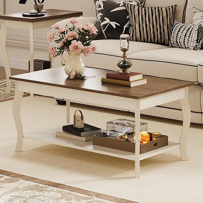 ChooChoo Coffee Table, Rustic Center Table with Curved Legs and Storage Shelf, 39" Coffee Table for Living Room, Soft White