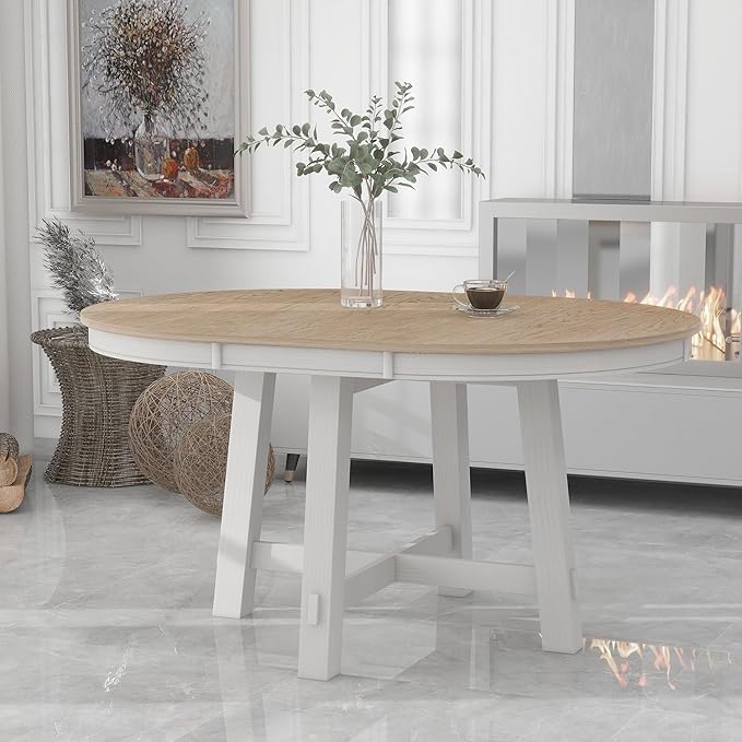 Farmhouse Round Dining Table for 4, Extendable Circle to Oval Wooden Tabletop for 6 with 16" Removable Leaf, X-Shape Trestle Base for Home, Kitchen, Dining/Living Room, Apartment