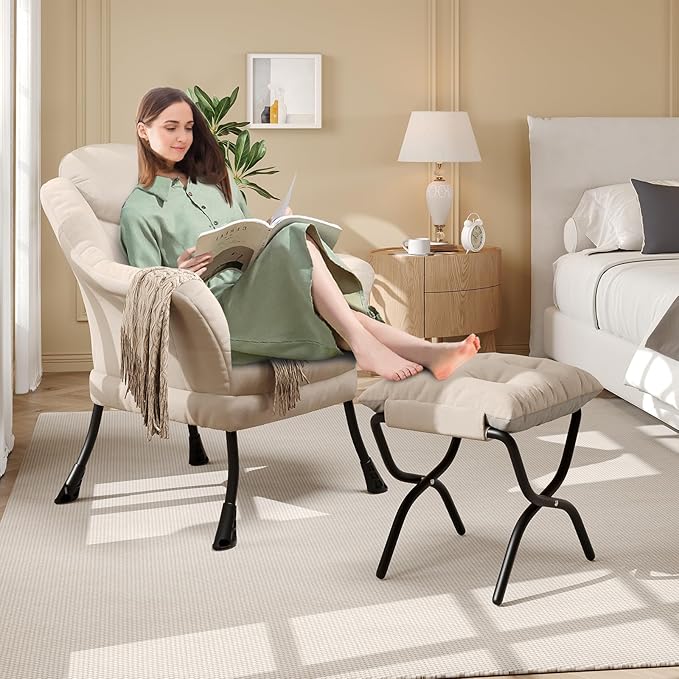 IDEALHOUSE Lazy Chair with Ottoman - Modern Living Room Chairs for Small Spaces, Ergonomic Reading Chair with Armrests, Comfy Chair with Ottoman for Bedroom & Living Room, Beige