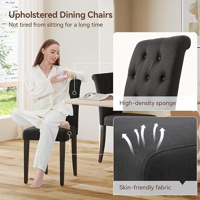Upholstered Dining Chairs Set of 6, Button Tufted Parsons Dining Chair with Solid Wood Legs, Modern Fabric Side Chair for Dining Room/Kitchen/Restaurant/Hotel- Black