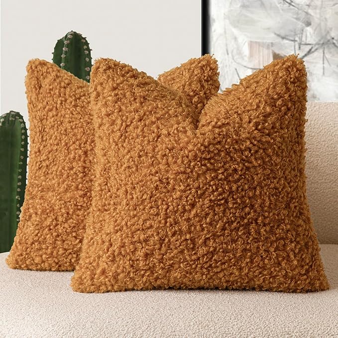 Foindtower 2 Pieces 24x24 Inch Orange, Faux Fur Throw Pillow Cover Accent Sherpa Furry Pillow Covers Fuzzy Soft Pillowcases Cozy Sheepskin Decorative Fleece Cushion Case for Bed Couch Living Room