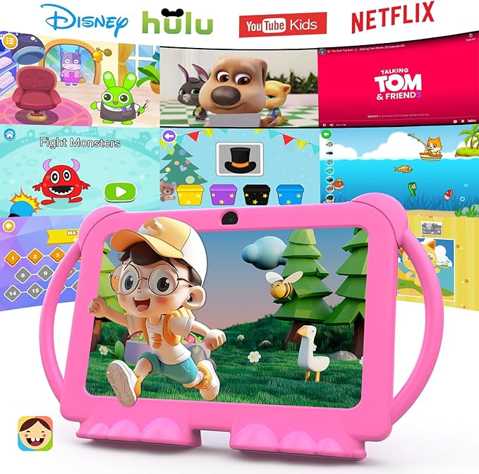 Kids Tablet 7 inch Android 12.0 for Toddler, 4GB RAM 32GB ROM Bluetooth IPS Screen Parental Control Dual Camera Shockproof Case for Educational Games, (1PCS, Rose Red)