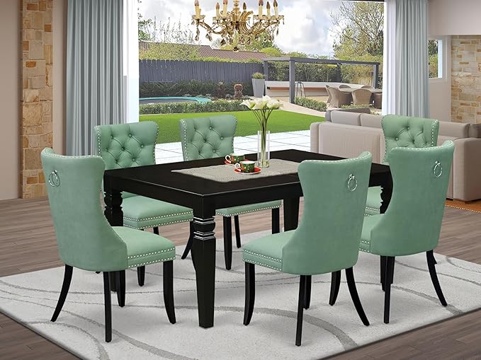 East West Furniture LGDA7-BLK-22 7 Piece Dining Table Set Consists of a Rectangle Kitchen Table with Butterfly Leaf and 6 Polyester Fabric Parson Chairs, 42x84 Inch, Black