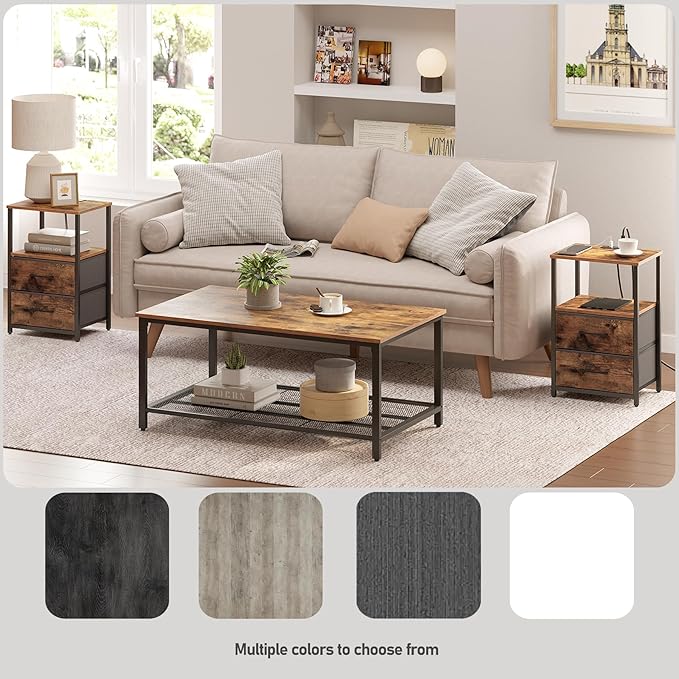 TUTOTAK LED End Table with Charging Station, Nightstand with Cloth Drawer, Side Table with 1 USB Port and 1 Type-C Port, Set of 2, Couch Table, Brown TB01BB052L