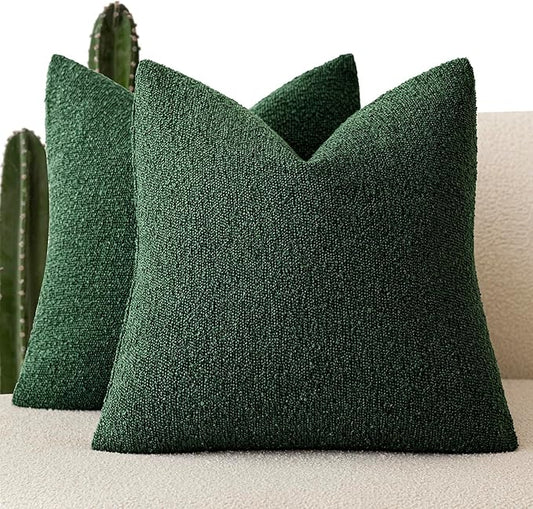 Foindtower Pack of 2, Decorative Textured Boucle Throw Pillow Covers Neutral Accent Solid Pillow Cases Soft Couch Cushion Case for Chair Sofa Bedroom Living Room Home Decor 22x22 Inch Pine Green