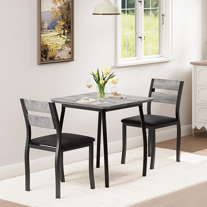 Small Dining Table Set for 2,3-Piece Kitchen Table Set with Thick Wood Grain Tabletop & 2 Upholstered Chairs & Metal Frame, Compact Table Set for Small Spaces, Kitchens & Dining Rooms (Grey)