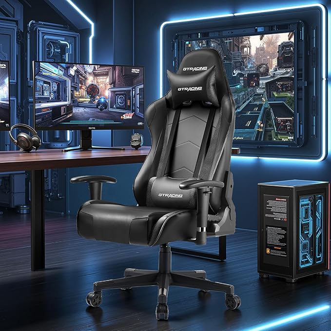GTRACING Gaming Chair with Reclining Backrest, Adjustable Height and Swivel Base, Ergonomic Computer Chair with Headrest and Lumbar Support (Black)