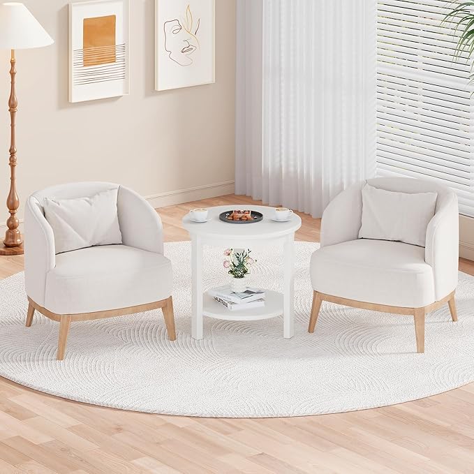 Small Round Wood Coffee Table with Storage Shelf, Living Room Side Table for Couch Sofa, 22 x 20 Inches, 4-Tier Mid Century Modern Wooden End Table for Bedroom, White