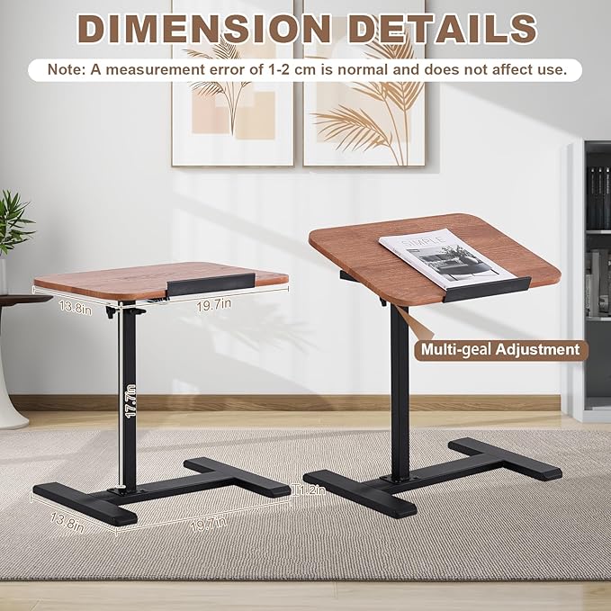 Solid Wood C-Shaped Side Table,360° Rotating TV Tray Table,Height-Adjustable,Sliding Sofa Table,Rolling Laptop Desk for Living Room and Bedroom Use with Sofa,Bed,Chair-Light Brown