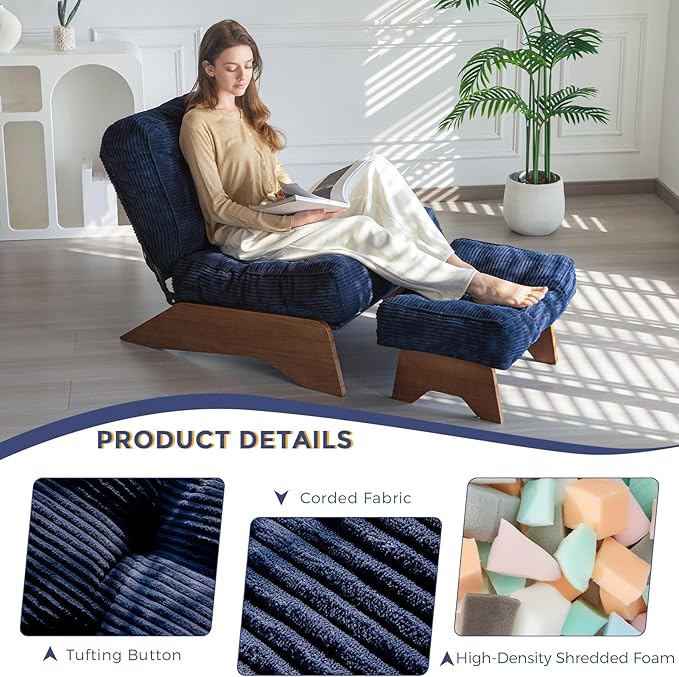 MAXYOYO Accent Chair with Ottoman Adjustable Backrest, Tufted Living Room Chair Upholstered Lounge Chair with Footrest Set, Modern Chair Cozy Reclining Chair for Reading Room, Navy