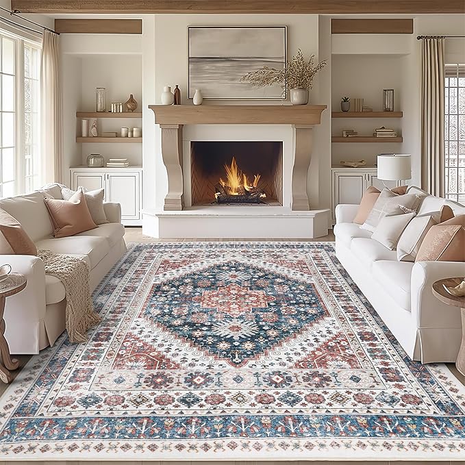 zesthome 8x10 Area Rugs for Living Room,Non-Slip Backing Washable Rugs,Vintage Large Area Rug，Stain Resistant Home Decor Rug (Navy Blue/Red,8'x10')