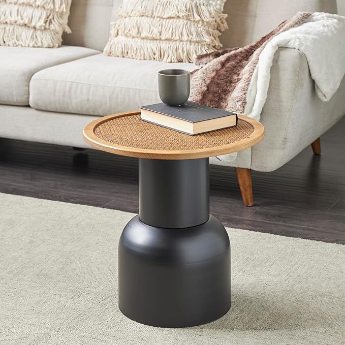 Deco 79 Metal Handmade Side End Accent Table Pedestal End Table with Brown Rattan Tabletop, Side Table 19" x 19" x 20", Black