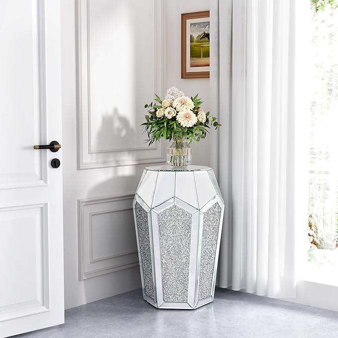 ENENE Mirrored End Table Crystal Diamond Setting Coffee Table Silver Glass Side Table Pedestal Stand for Hallway, Living Room, Corner, Bedroom, Sofa