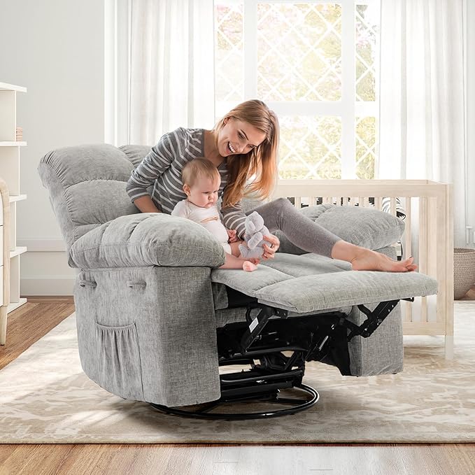 Rocking Recliner Chair,360° Swivel Rocker Chair for Living Room,Upholstered Fabric Glider Nursery Chair with Side Pockets for Small Spaces,Q235 Steel Frame Lazy Boy Recliner Single Sofa(Grey)