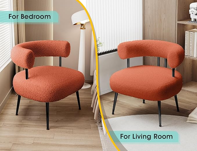 Mid Century Sherpa Boucle Accent Chair, Round Upholstered Barrel Arm Chair for Small Spaces, Fluffy Side Corner Sofa Chair for Living Room, Bedroom, Vanity, Office, Reading Nook（Orange）