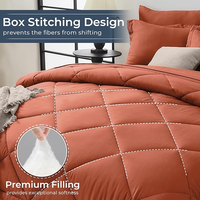 HEVUMYI Burnt Orange Queen Comforter Set - 7-Piece All Season Bed in a Bag Queen, Ultra Soft Bedding Set with Comforter, Flat Sheet, Fitted Sheet, Pillowcases, Pillow Shams