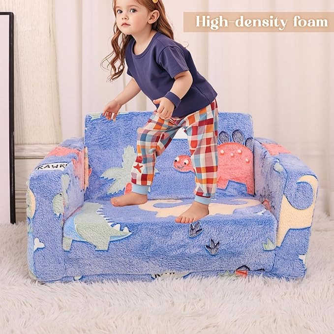Kids Chairs for Toddler, 2 - in - 1 Toddler Soft Teddy Fleece Couch Featuring Glow - in - The - Dark Elements, Fold Out, Convertible Sofa to Lounger for Girls and Boys - Colorful Dinosaur