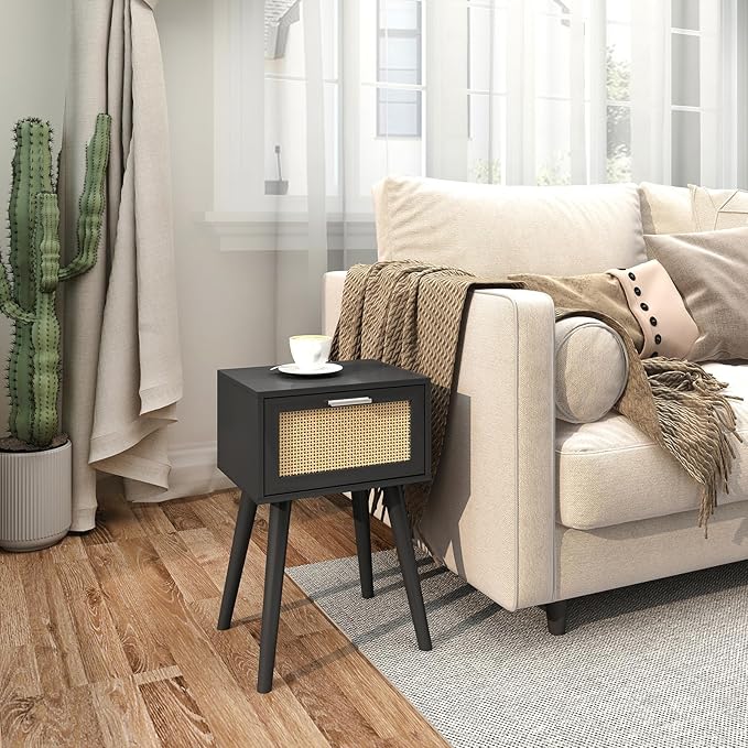 LAATOOREE Nightstand Set of 2, Small End Table with Rattan Door, Bedside Table with Solid Wood Feet, Boho Side Table for Bedroom Living Room Small Space - Black