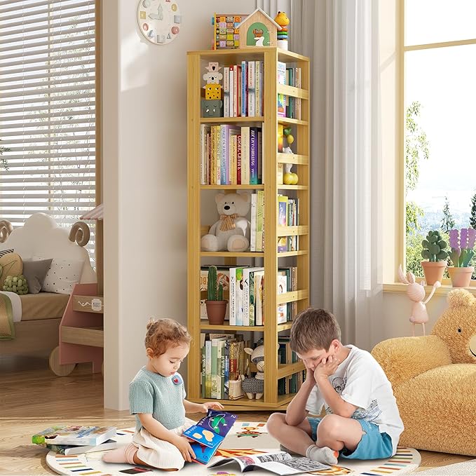 Homykic Rotating Bookshelf, Bamboo 360 Display Spinning Bookshelf Tower, 5-Tier Small Corner Bookcase for Small Spaces, Narrow Revolving Book Shelf Organizer Rack for Home Office, Natural