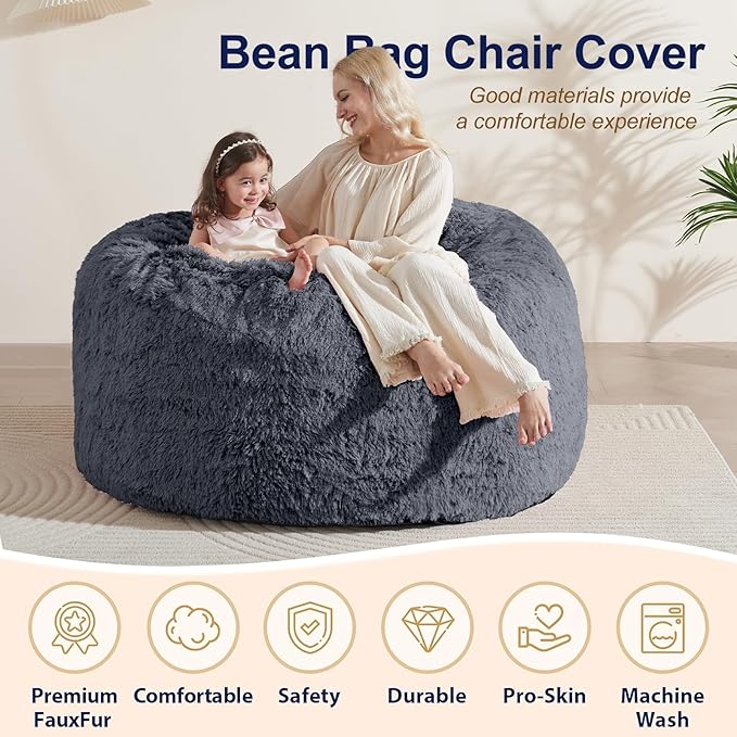 Bean Bag Chair Cover(No Filler) Soft Faux Fur Stuffed Animal Bean Bag Storage, Fluffy Plush Bean Bag Chair Cover Washable, Comfy Bean Bag Chairs for Adults, 7FT, Dark Grey