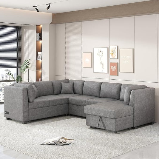 Ball & Cast 108.6" Sleeper Sectional Pull Out Sofa with 2 USB Ports,Two Power Sockets,Versatile U-Shape Couch w/ 3 Back Pillows and Storage Chaise,for Living Room,Office,Apartment,Light Gray
