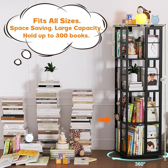 Aheaplus Rotating Bookshelf, 360 Display Wood Spinning Bookshelf, Floor Standing Bookcase Narrow Shelf Revolving Organizer Storage Rack for Small Space, Bedroom, Study Room, Black