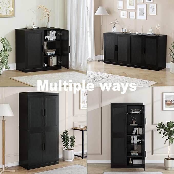 Buffet Cabinet, 2-Doors Sideboard Cabinet with Rattan Panels, Buffet Console Accent Table for Hallway Entryway Dining Room, 31", Black