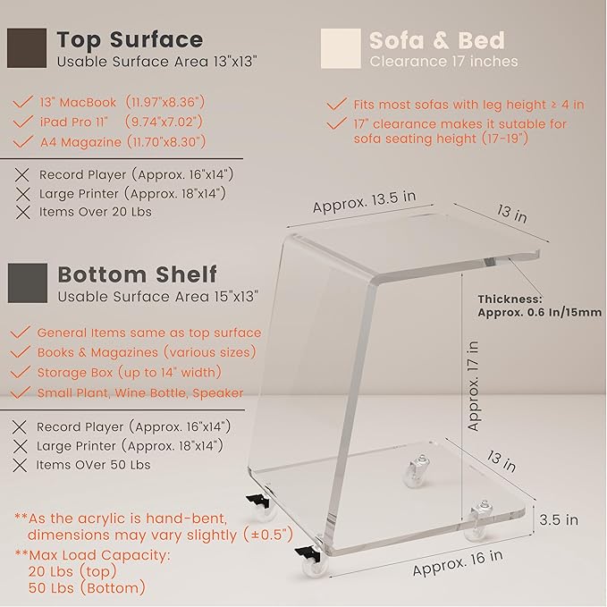 Modern Acrylic Side Table, Mobile C Shaped End Table for Sofa, Invisible Style Nightstand/Drink Tables/Snack Rolling Cart - Unique Stable Trapezoid Frame Design
