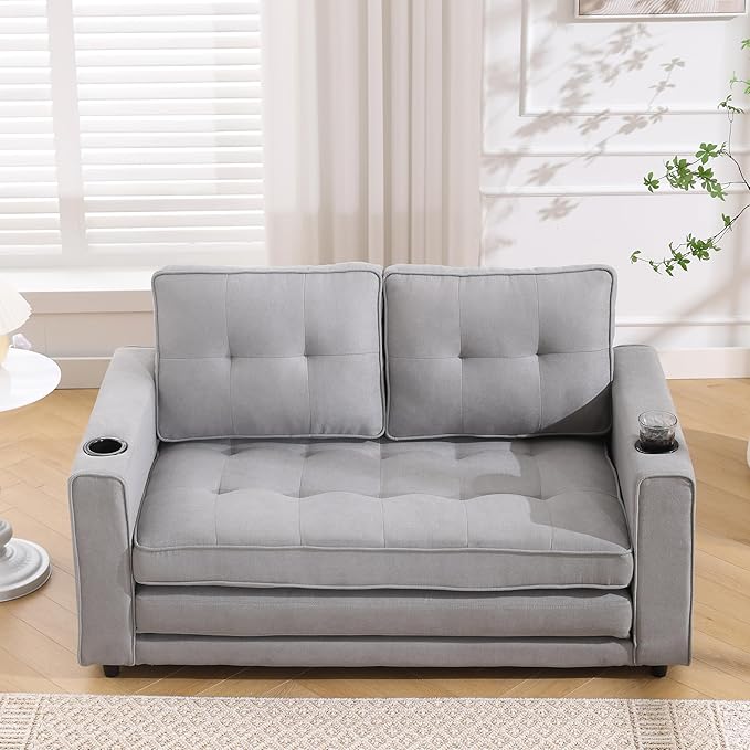 ERYE Modern Upholstered Loveseat Sofa Foldable Convertible Floor Sofabed W/Cupholders and Pockets, 3 Fold Tufted Futon Lounge Sofa with Pull Out Sleeper Couch Bed for Living Room Bedroom Studio