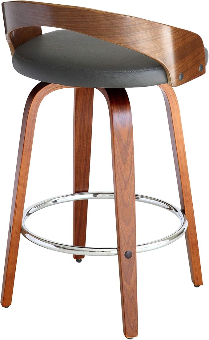 Armen Living Sonia 26" Counter Height Swivel Gray Faux Leather and Walnut Wood Bar Stool