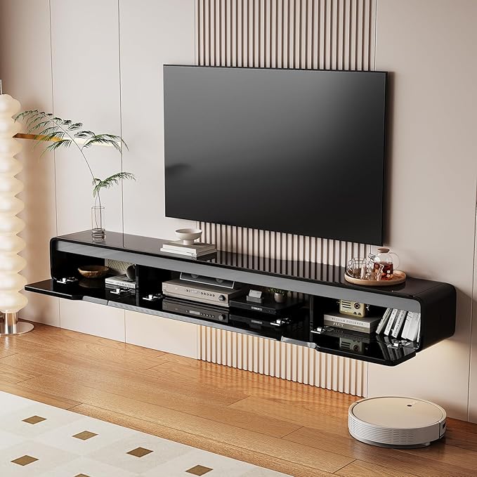 High Gloss Floating TV Stand with 3 Doors,70'' Wall Mounted TV Cabinet,Under TV Console,Floating Media Shelft for Bedroom Living Room(Black)